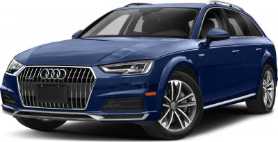 Front-side view of blue Audi Avant with grille and LED headlights