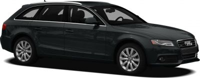 Side and front profile of a sleek black station wagon with alloy wheels and roof rails