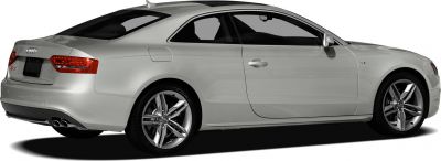 Side and rear view of coupe with V8 badge and dual exhaust