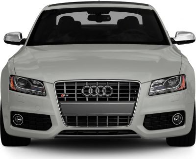 Front grille, headlights, and fog lights of a convertible car.