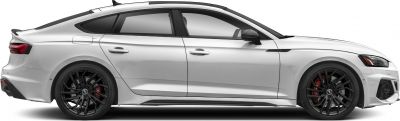 Side profile of sporty sedan with black multi-spoke alloy wheels