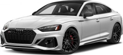 Front-side view of white RS5 Sportback with black wheels
