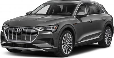 Front-side view of electric SUV with LED headlights and distinctive grille