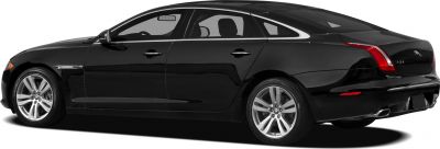 Side profile of black luxury sedan with alloy wheels and sleek elongated shape