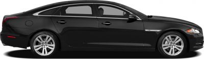 Side profile of a sleek black luxury sedan with alloy wheels and chrome trim