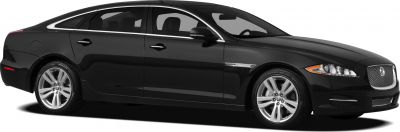 Side profile of sleek black luxury sedan with premium wheels.