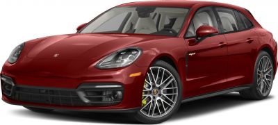Front and side view of red luxury wagon with alloy wheels and modern headlights