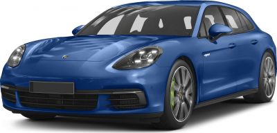 Front angled view of a blue sporty luxury wagon with distinct headlights and alloy wheels