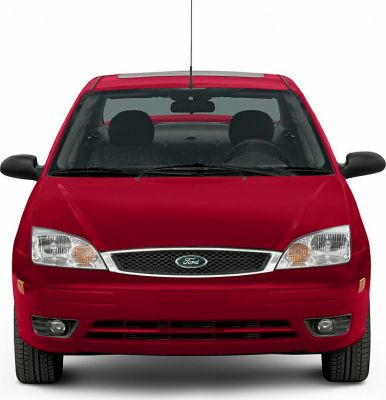 Front view with clear headlights and grille of a compact hatchback.