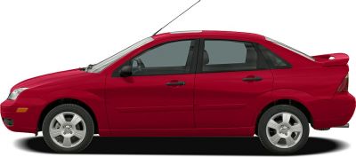 Side view of red compact sedan with rear spoiler and alloy wheels