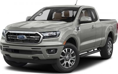 Pickup truck front grille, headlights, and extended cab side view