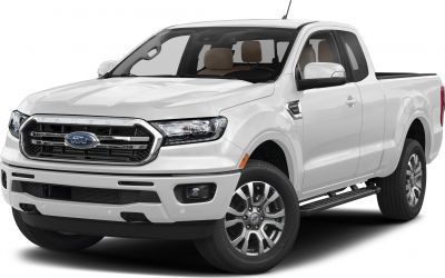 Front and side view of a pickup truck with detailed exterior features