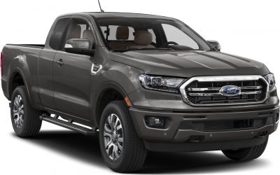 Front angled view of extended cab mid-size pickup with chrome grille.