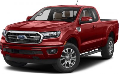 Red pickup truck with extended cab and modern grille with integrated headlights