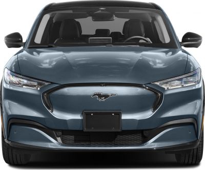 Front view of electric SUV with sleek headlights and Mustang emblem