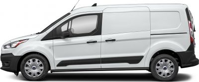 Side profile of white panel van with double cab and black trim