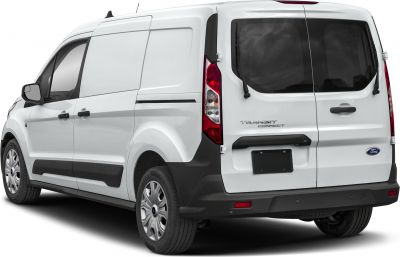 Rear view of white compact cargo van with rear window and vertical taillights