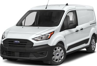 Front and side view of a compact white cargo van with black trim and distinctive grille
