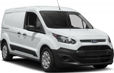 Front-side view with headlight and grille of a commercial white panel van