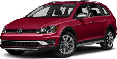 Red Volkswagen Golf VII Sportsvan front side with alloy wheels and roof rails