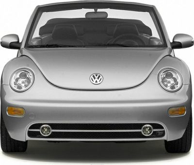 Front view of a convertible with round headlights and an open roof