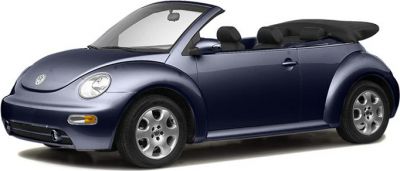 Navy blue convertible with folded soft top and rounded front design