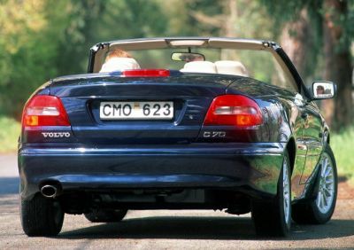 Rear view of dark blue convertible with taillights and single exhaust pipe