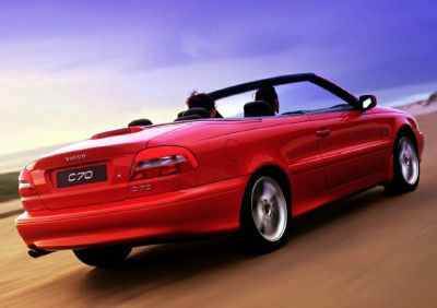 Red convertible with open roof, rear view in motion