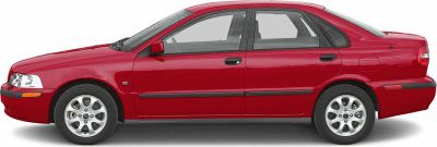 Side profile of red compact sedan with alloy wheels