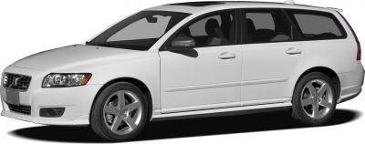 Front and side view of a white station wagon with alloy wheels