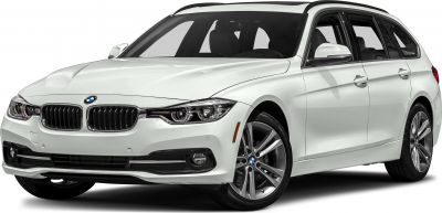 Front view of a sleek white station wagon with hallmark grille and alloy wheels