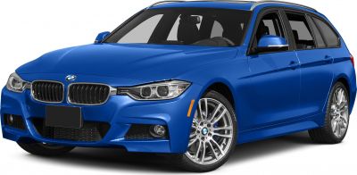Blue station wagon with front grille, headlights, and alloy wheels