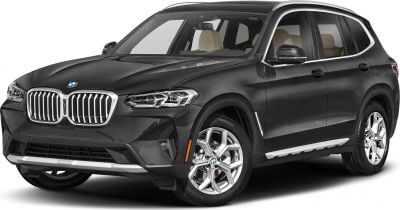 Front and side view of black SUV with kidney grille and LED headlights
