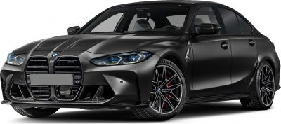 Matte black sedan with distinctive grille, angular headlights, and sporty alloy wheels.