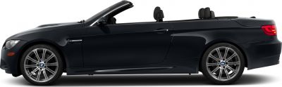 Side profile of a black convertible with retractable roof and alloy wheels.