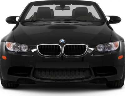 Front view of sporty convertible with kidney grilles and headlights.
