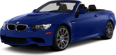 Blue sporty convertible with open roof and stylish alloy wheels