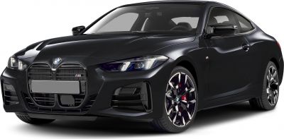 Front view with LED headlights and kidney grille on a sleek black coupe.