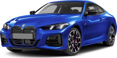 Front blue coupe with kidney grille and alloy wheels