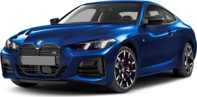 Front view of sporty coupe with large grille and sleek LED headlights