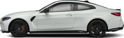 Sleek side profile of a white coupe with black alloy wheels.