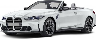 Front view of a sporty convertible with open roof and distinctive grille