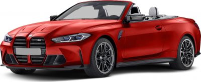 Red sporty convertible with aggressive front grille and black multi-spoke wheels