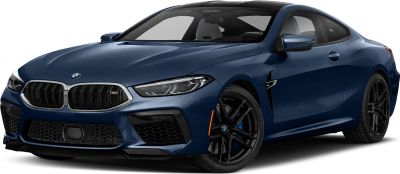 Front view of sporty coupe with black wheels and aggressive grille