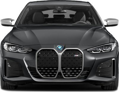 BMW i4 frontal view featuring distinctive large kidney grille and LED headlights
