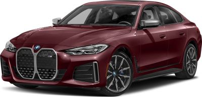 Front view of electric sedan with large kidney grille and sleek LED headlights