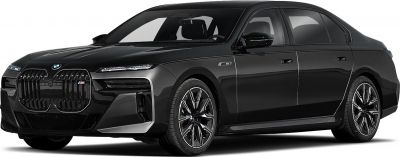 Large kidney grille and LED headlights on a sleek black luxury sedan