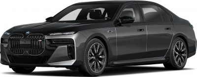 Black luxury electric sedan with distinctive dual kidney grille and LED headlights