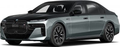 Front-side view of luxury sedan with large kidney grille and alloy wheels