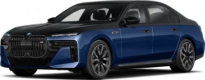 Front side view of electric luxury sedan with large kidney grille and black-blue color scheme
